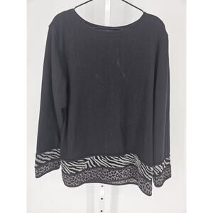 Moving Bleu Womens Sz XL Long Sleeve Knit Blouse Black w/ Animal Print Sleeves